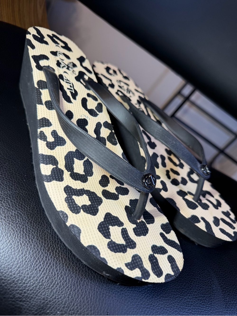Coach Leopard Print Wedge Sandals with Black Straps Women's Size 9 B